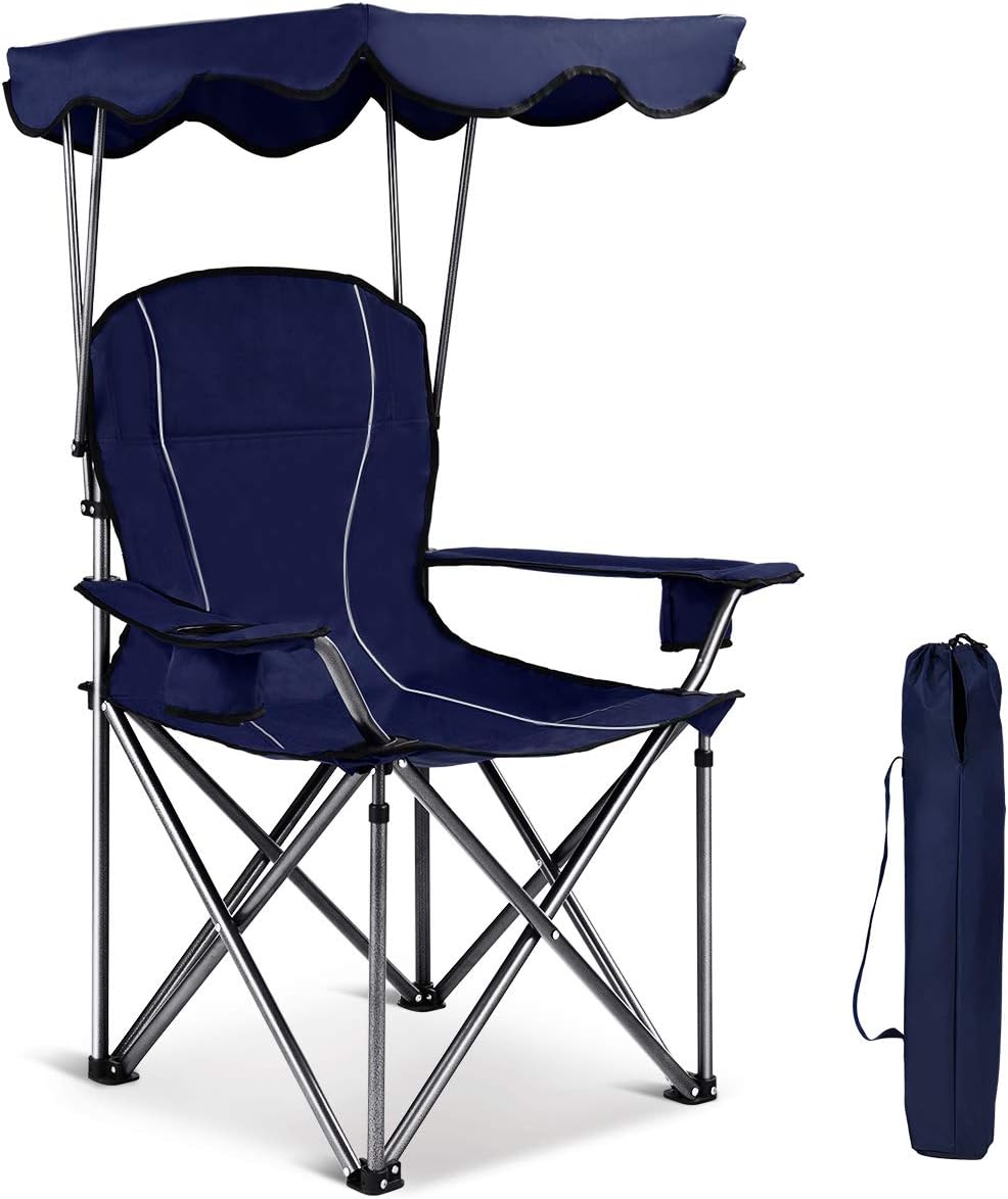 GYMAX Camping Chair, Folding Outdoor Lawn Chair with Canopy, Carry Bag & Cup Holder
