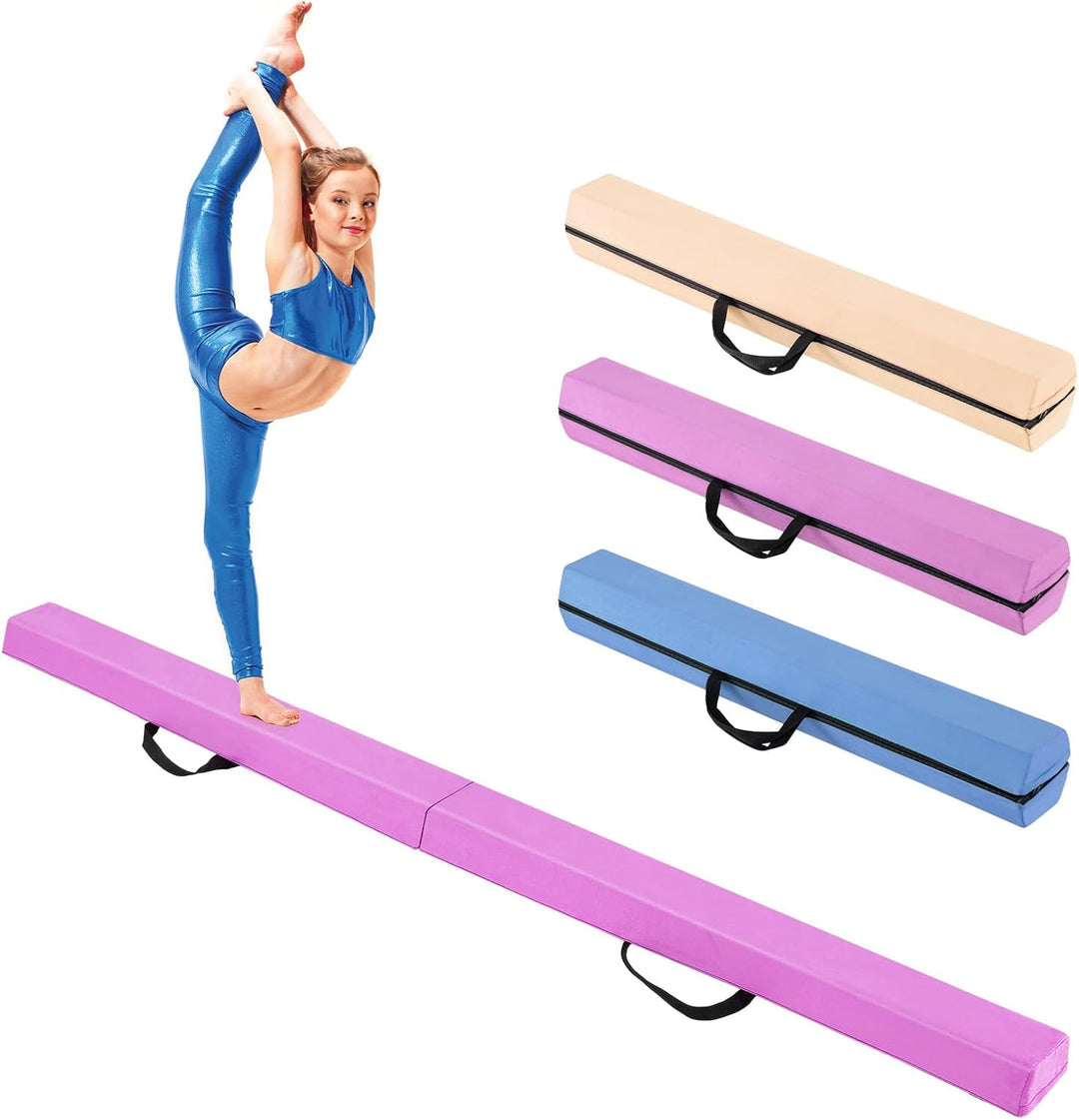 GYMAX 7FT Folding Balance Beam, Portable Floor Gymnastics Beam with Carrying Handle, Suede Cover