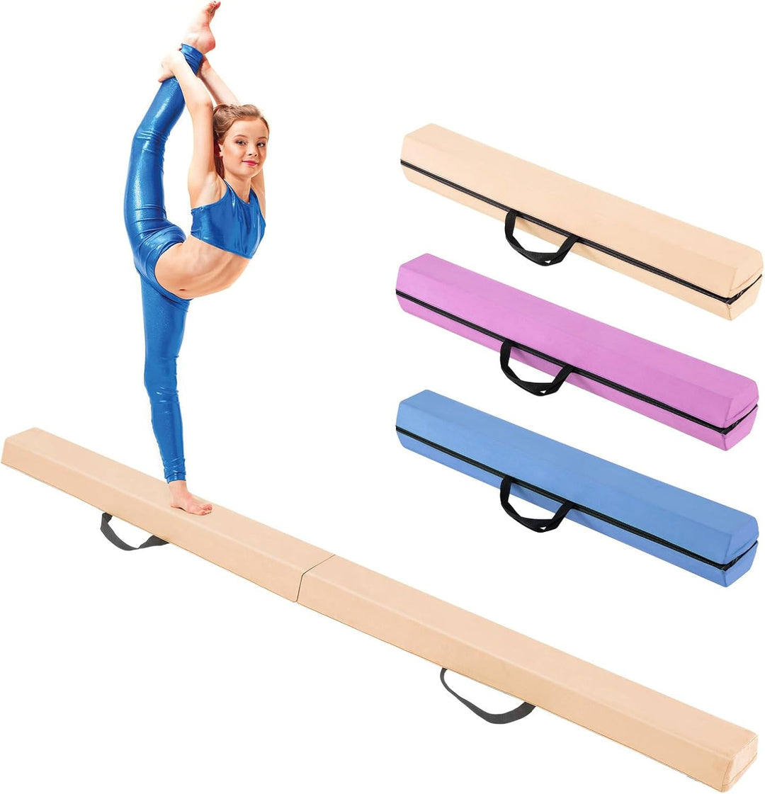 GYMAX 7FT Folding Balance Beam, Portable Floor Gymnastics Beam with Carrying Handle, Suede Cover