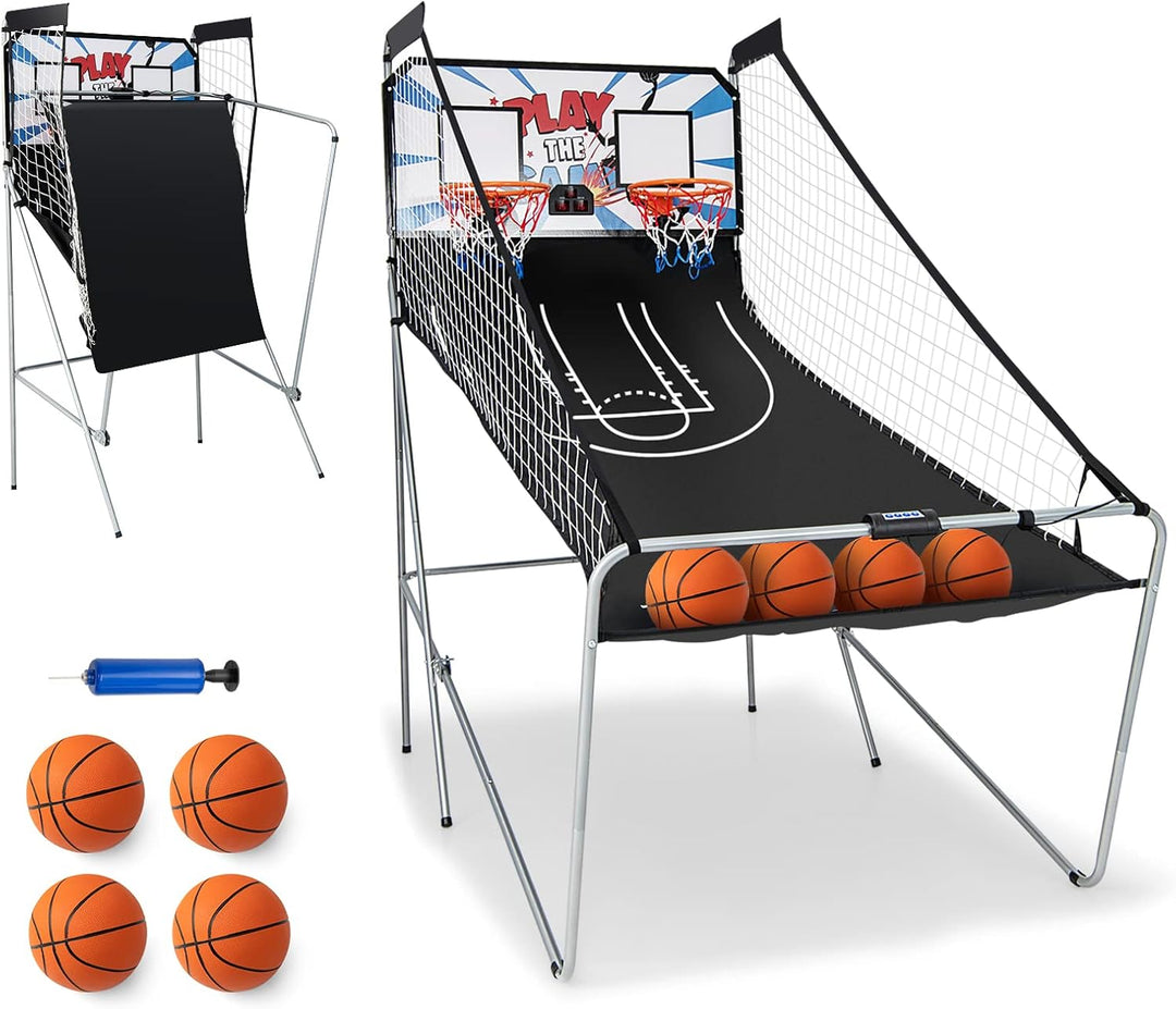 GYMAX Arcade Basketball Game Indoor Foldable with 8 Game Modes, Arcade Sound, 4 Balls and Inflation Pump