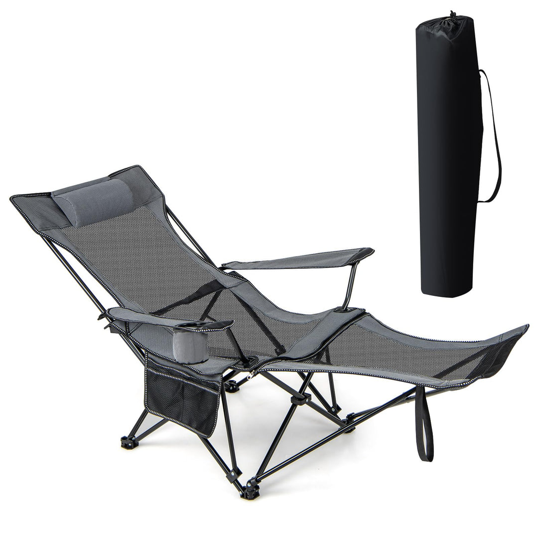 GYMAX Camping Chair, Adjustable Reclining Lounge Chair w/Removable Footrest, Padded Pillow, Cup Holder & Side Pocket