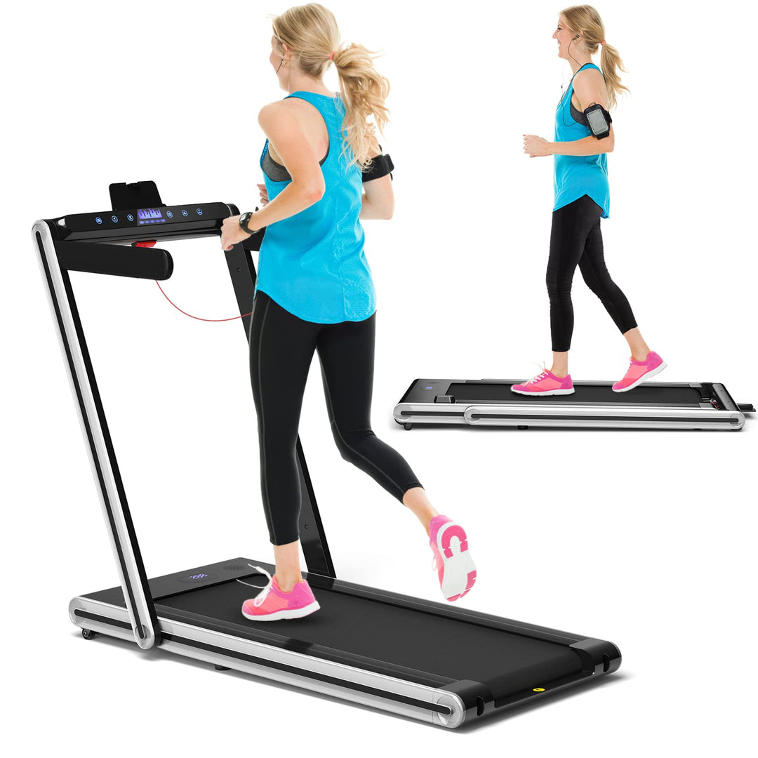 GYMAX 2 in 1 Under Desk Treadmill, Folding Running Machine with Dual LED Display, APP & Remote Control