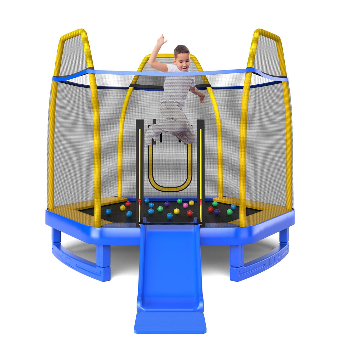 GYMAX Trampoline for Kids, ASTM Approved 7FT Trampoline with Slide, Ladder, Ocean Balls & Mats