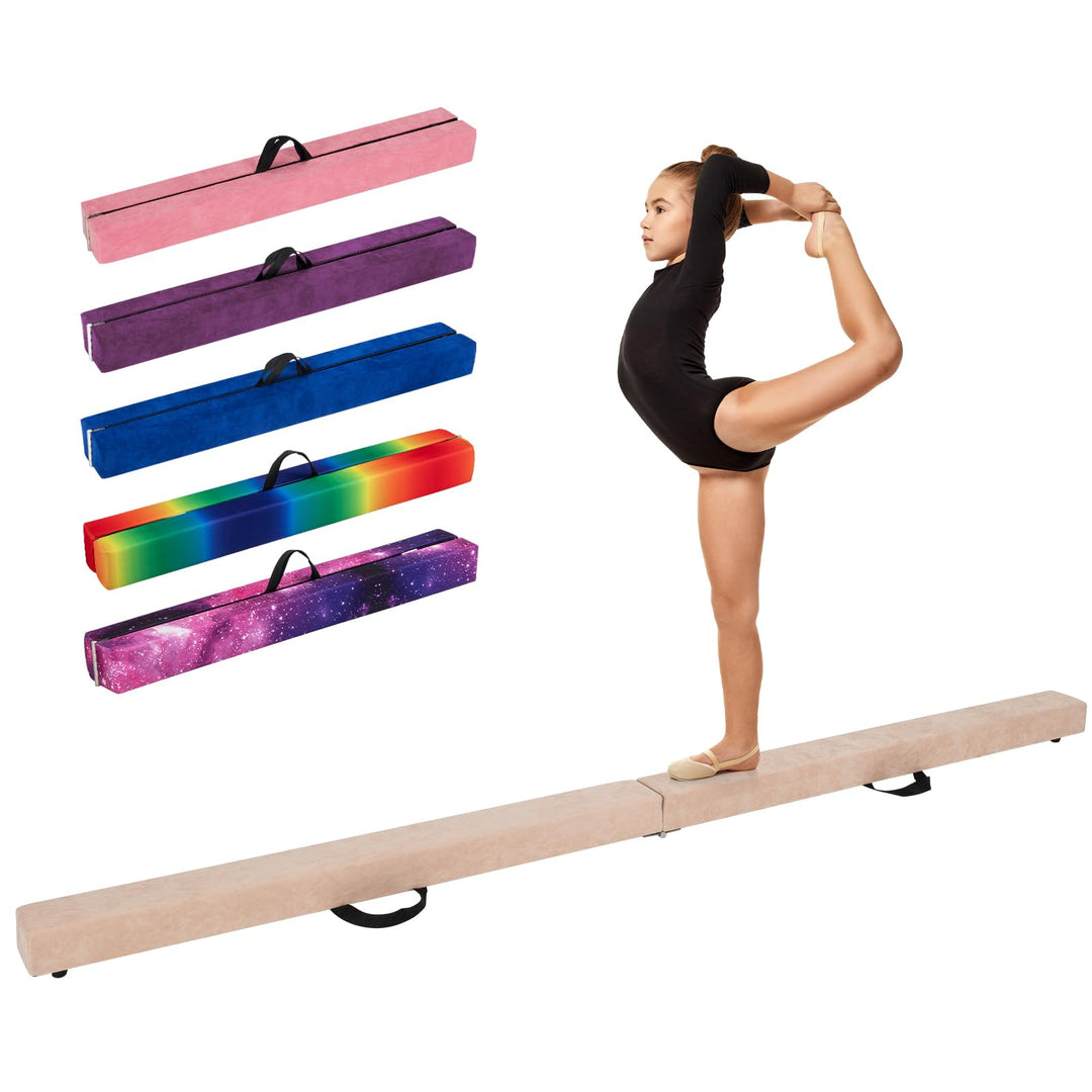 GYMAX 7FT Folding Balance Beam, Foam Gymnastic Beam with Solid Wood Base, Carrying Handle & Anti-Slip Bottom for Kids Teens