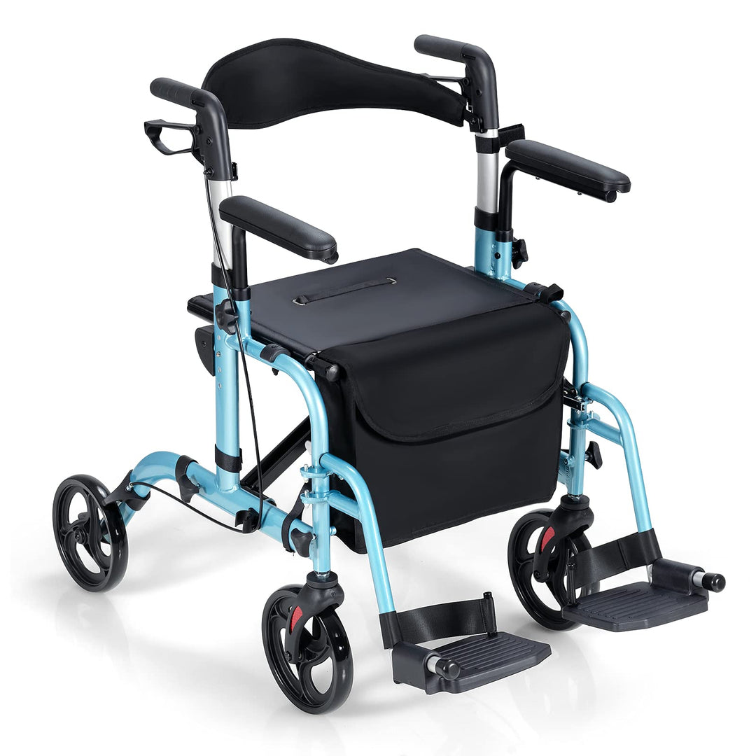 GYMAX 2 in 1 Folding Rollator Walker, 4-Wheel Aluminum Walker with Reversible Backrest