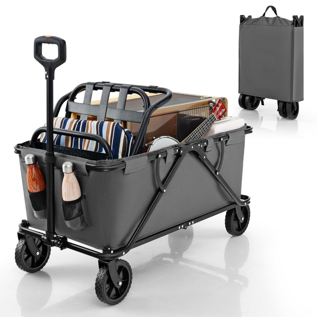 GYMAX Collapsible Wagon Cart Heavy Duty, Beach Wagon with Adjustable Handlebar, Bottle Holders & All-Terrain Wheels