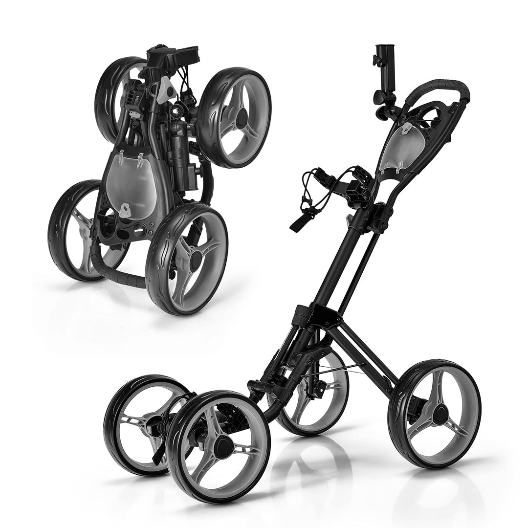 GYMAX Folding Golf Push Cart, 4 Wheel Height Adjustable Golf Trolley with Flexible Umbrella Holder