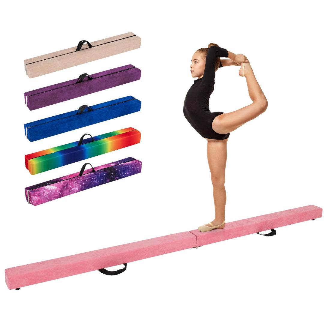 GYMAX 7FT Folding Balance Beam, Foam Gymnastic Beam with Solid Wood Base, Carrying Handle & Anti-Slip Bottom for Kids Teens