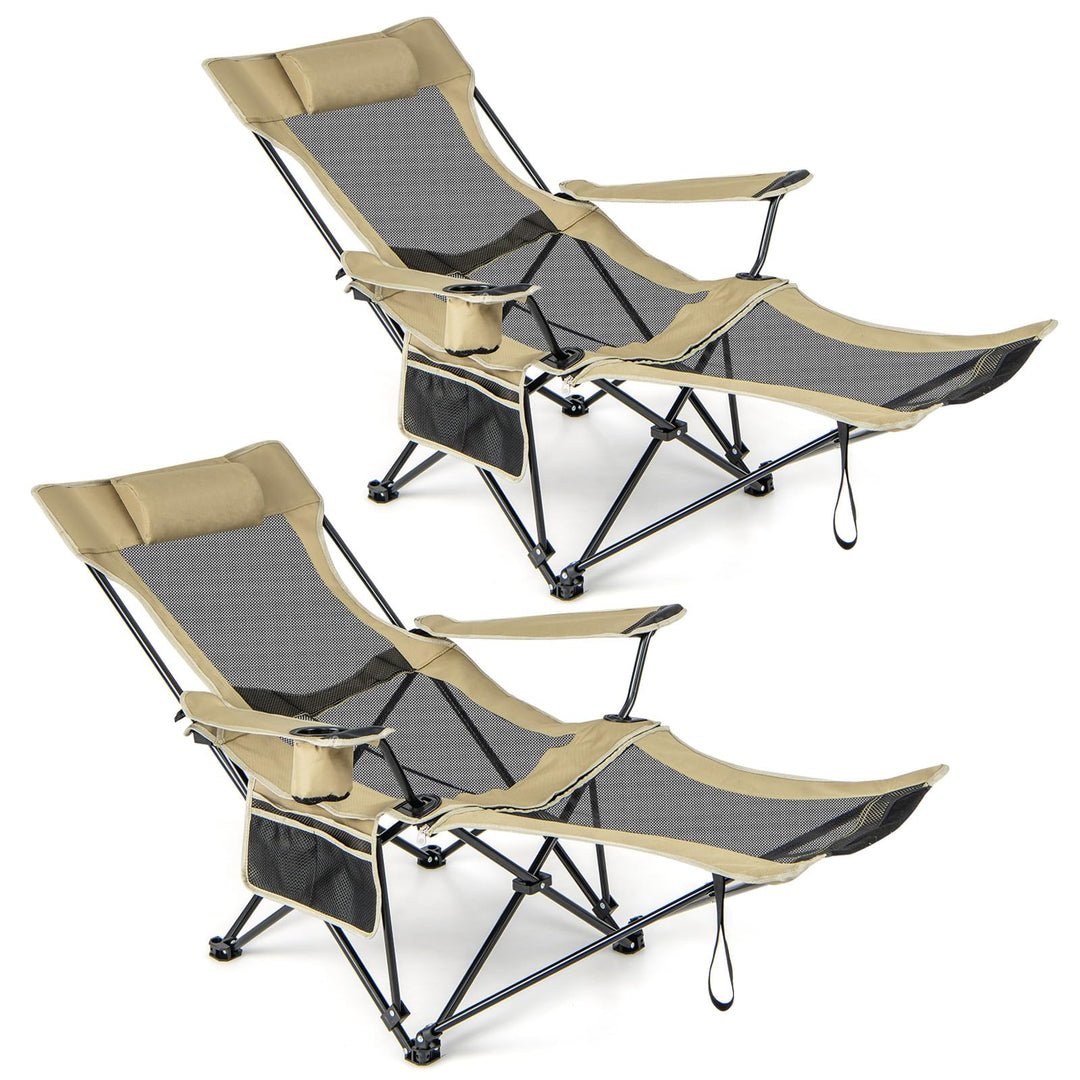 GYMAX Camping Chair, Adjustable Reclining Lounge Chair w/Removable Footrest, Padded Pillow, Cup Holder & Side Pocket
