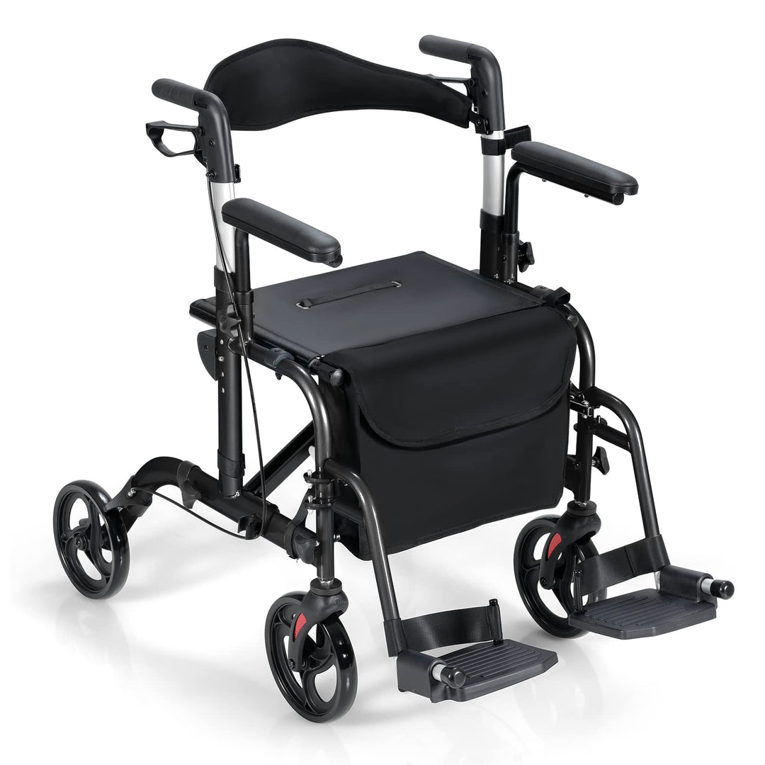 GYMAX 2 in 1 Folding Rollator Walker, 4-Wheel Aluminum Walker with Reversible Backrest