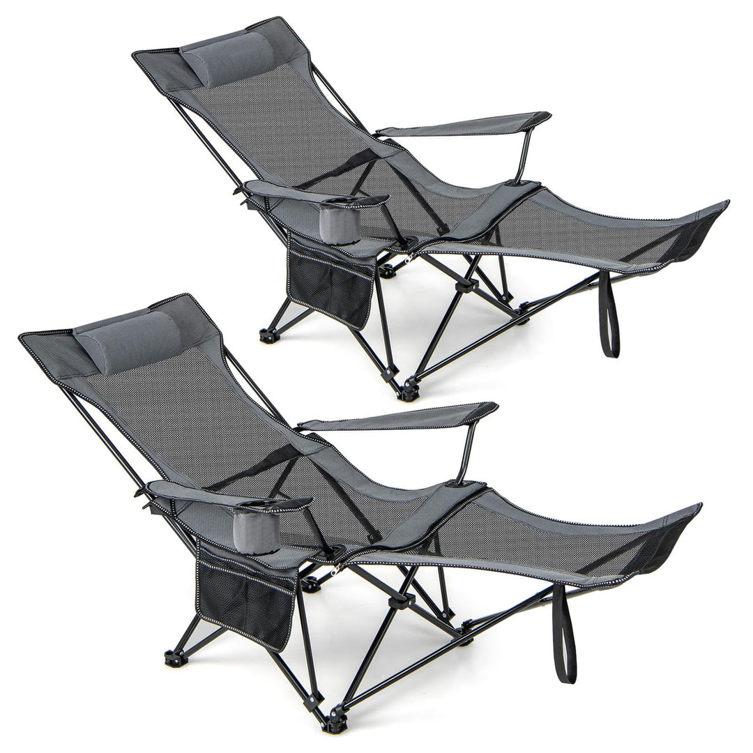 GYMAX Camping Chair, Adjustable Reclining Lounge Chair w/Removable Footrest, Padded Pillow, Cup Holder & Side Pocket