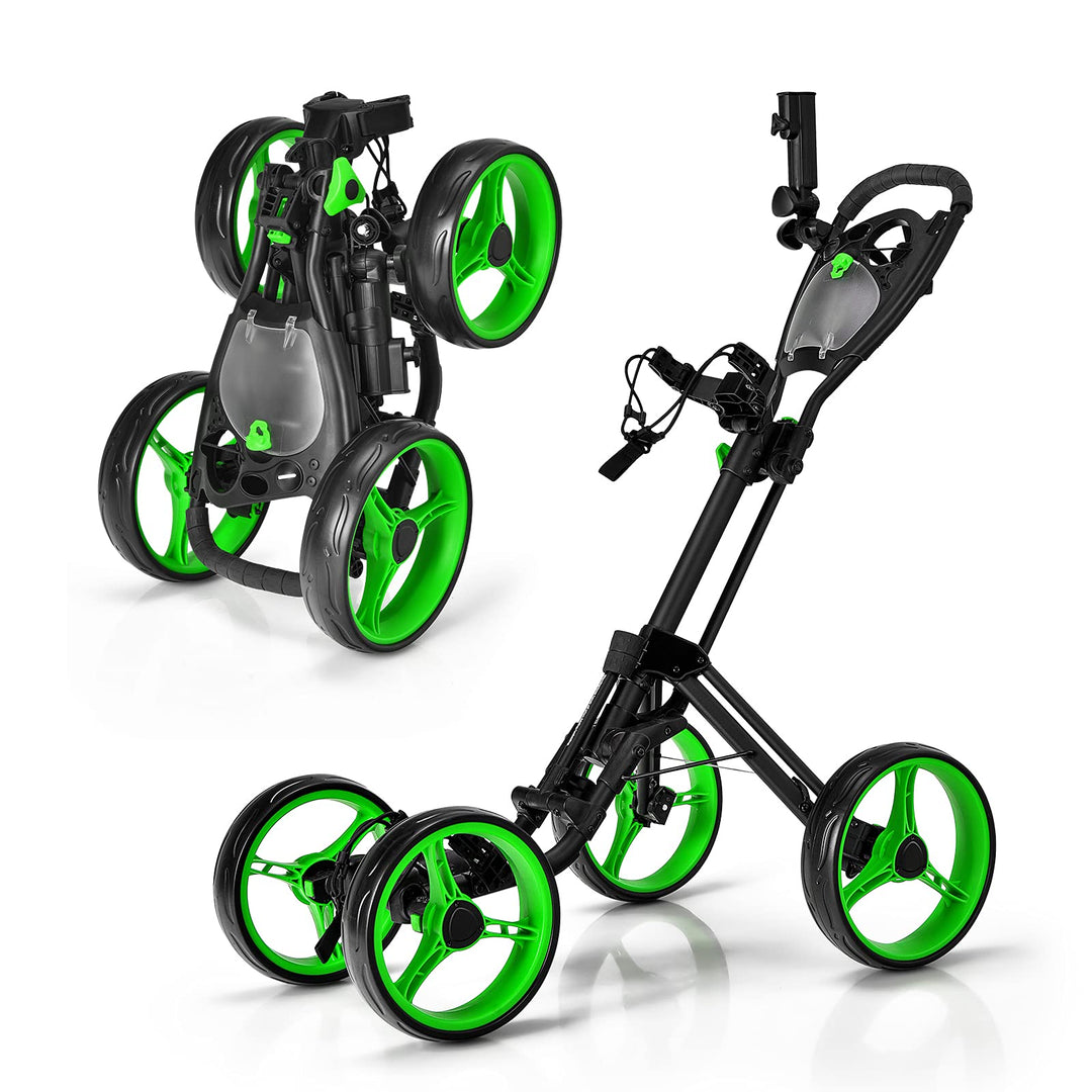 GYMAX Folding Golf Push Cart, 4 Wheel Height Adjustable Golf Trolley with Flexible Umbrella Holder