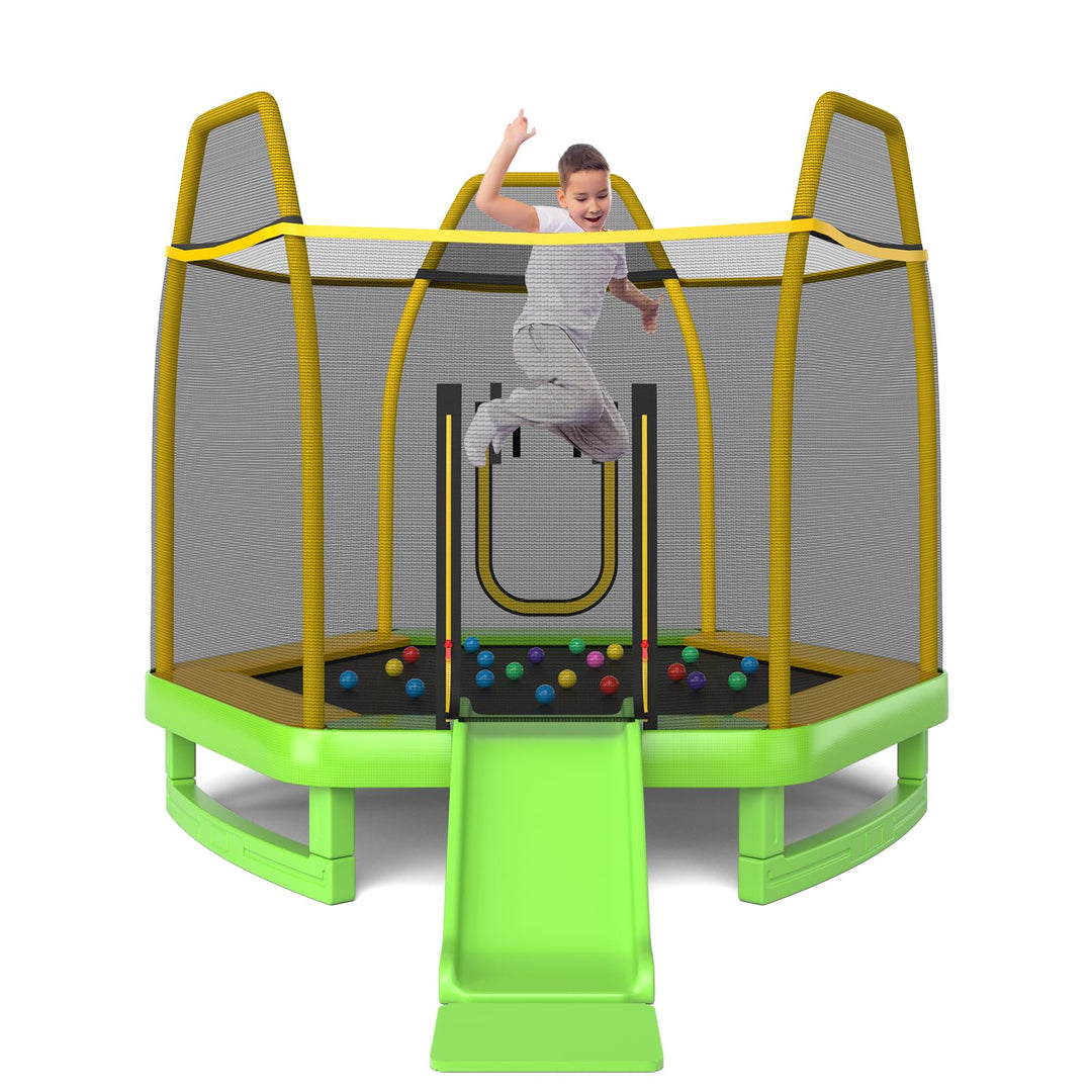 GYMAX Trampoline for Kids, ASTM Approved 7FT Trampoline with Slide, Ladder, Ocean Balls & Mats