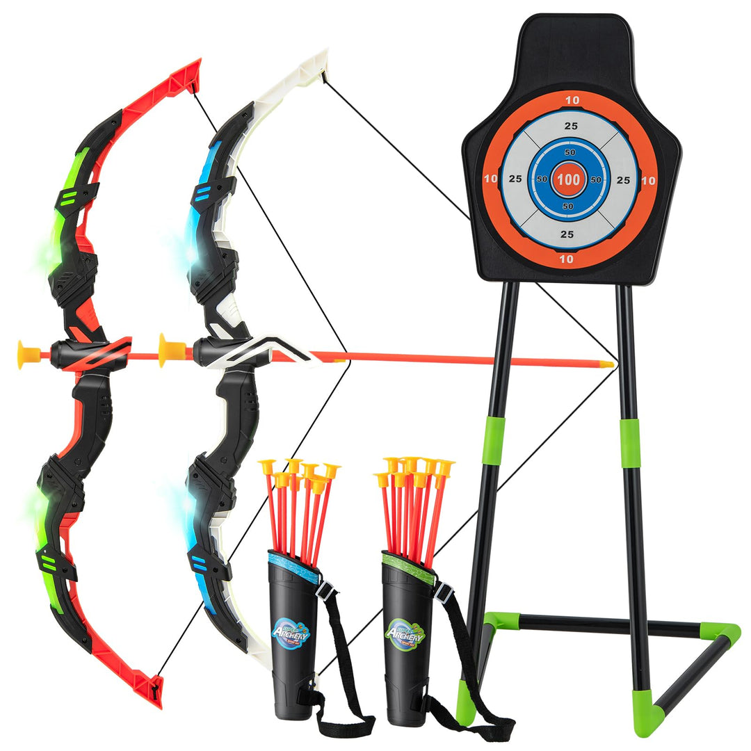 GYMAX Kids Bow and Arrow Set, 2 Pack Archery Set with 2 LED Light Up Bow, 20 Suction Cup Arrows
