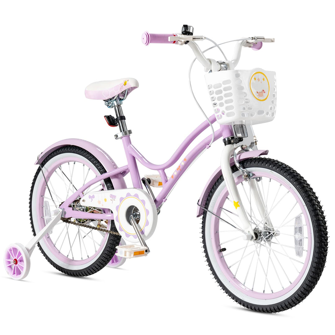 GYMAX Girls Bike for Toddler & Kids Aged 6-9, 18 Inch Kids Bicycle w/Training Wheels, Basket, Bell & Kickstand