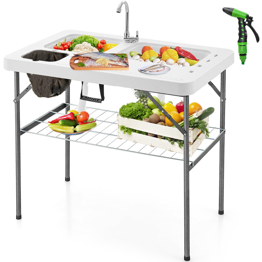 GYMAX Fish Cleaning Table with 2 Sinks, Folding Fish Fillet Cleaning Station with Faucet