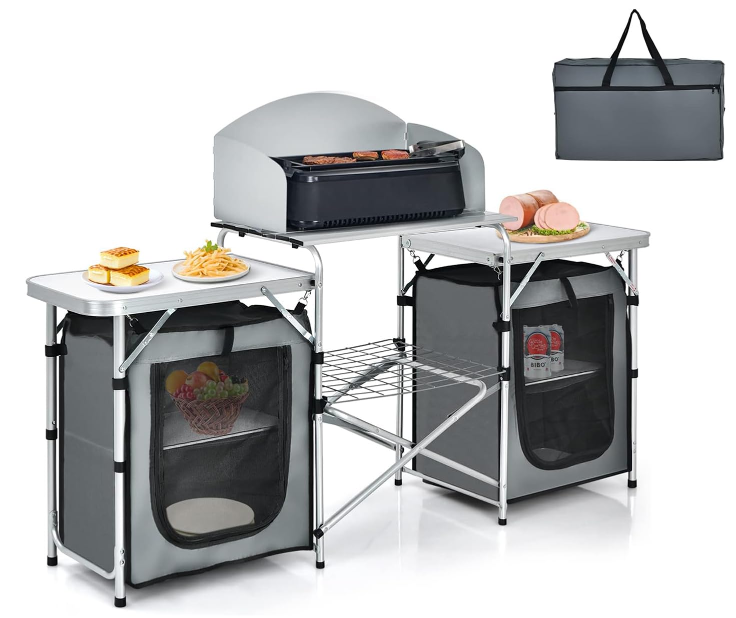 GYMAX Folding Camping Table, Portable Kitchen Table with 2 Zipper Organizer Shelf & Wind Screen