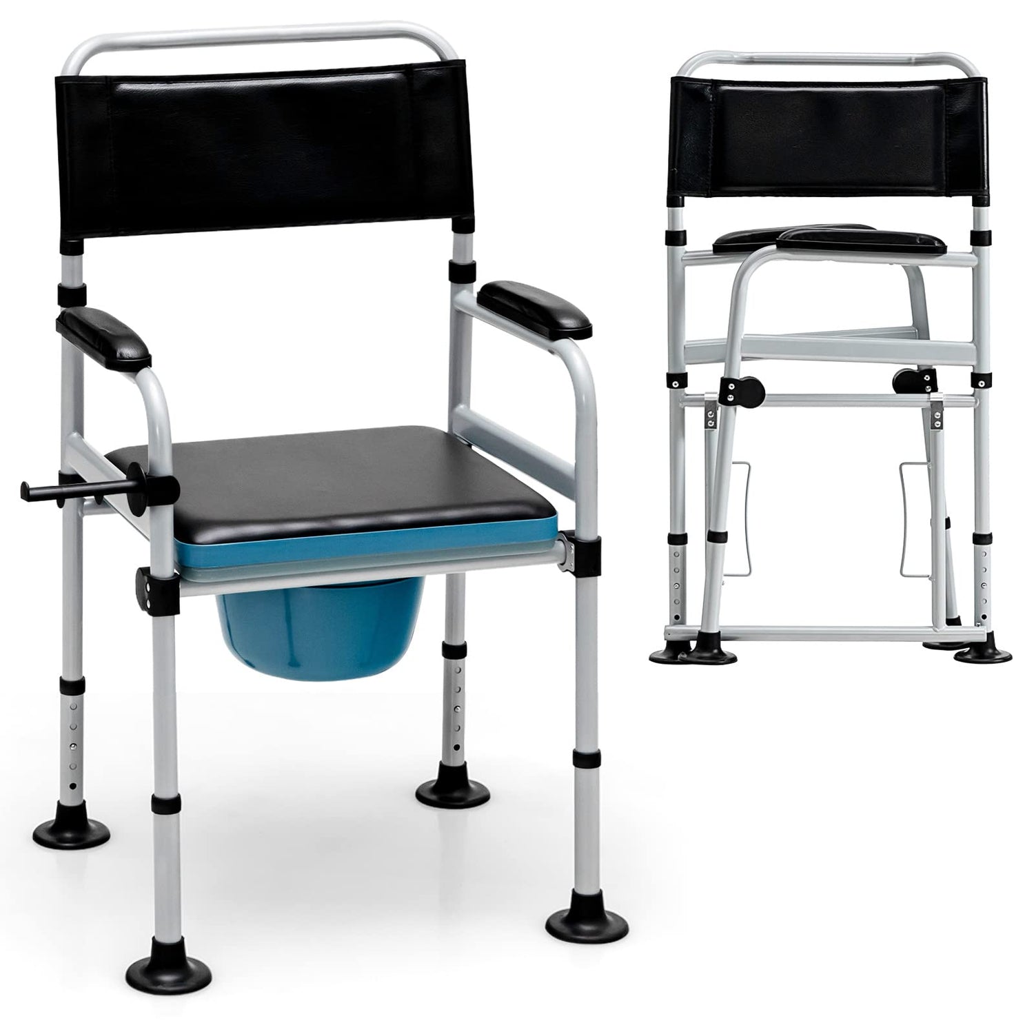 GYMAX Folding Bedside Commode, 440lbs Commode Chair for Toilet with Arms, Padded Seat, Removable Bucket & Toilet Paper Holder