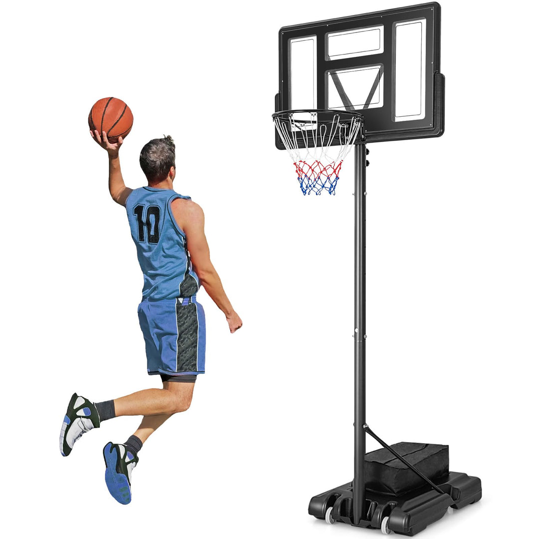 GYMAX Basketball Hoop Outdoor, 4.4-10 ft Adjustable, Portable Basketball Hoop w/ 44 Inch Shatterproof Backboard & Weight Bag