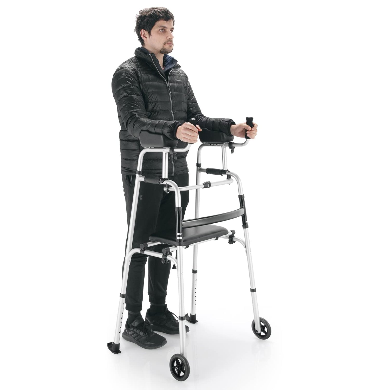 GYMAX Folding Walker, Adjustable Standard Walker with Removable Armrest, Seat, Wheeled Rolling Rehabilitation Auxiliary Walking Aid for Senior