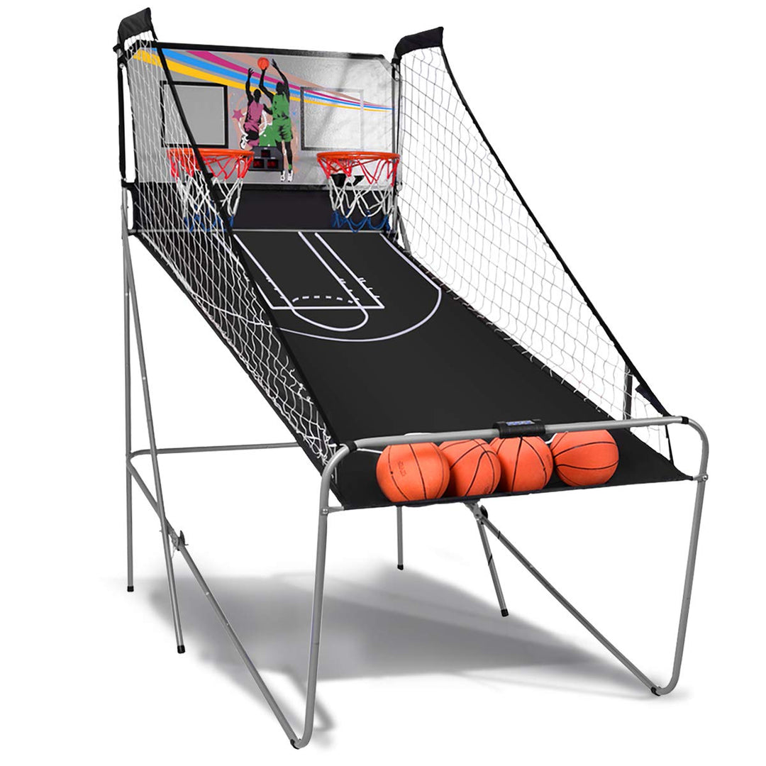 GYMAX Arcade Basketball Game Indoor Foldable with 8 Game Modes, Arcade Sound, 4 Balls and Inflation Pump
