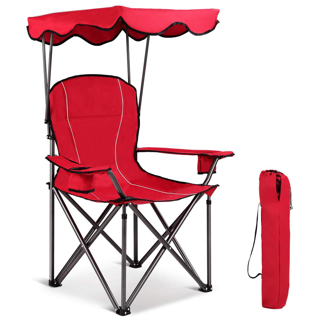 GYMAX Camping Chair, Folding Outdoor Lawn Chair with Canopy, Carry Bag & Cup Holder