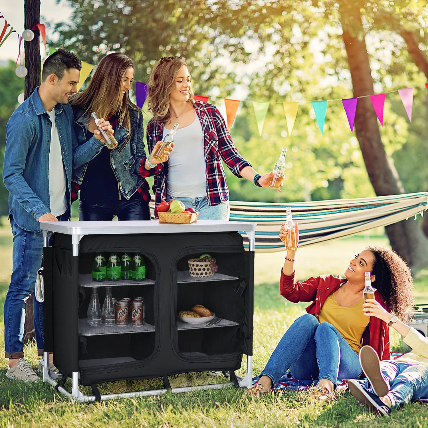 GYMAX Camping Table, Aluminum Camp Kitchen Table with 6 Zipper Storage Organizer & Carry Bag