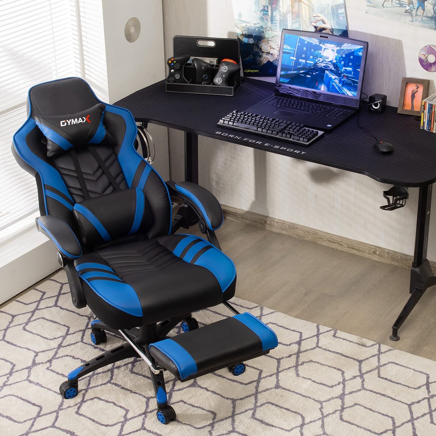 GYMAX Gaming Chair, Ergonomic Computer Chair with Footrest, Linkage Armrests & Lumbar Cushion, Big Wide High Back Video Gaming Chair