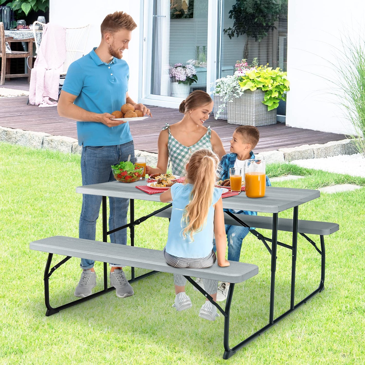 GYMAX Picnic Table, 550 LBS Folding Picnic Tables with Benches & Seats, Weather-Resistant Easy Setup Portable Picnic Table