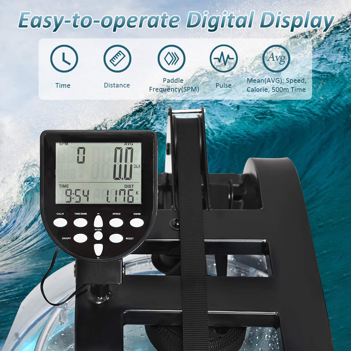 GYMAX Water Rowing Machine, Water Rower with Adjustable Resistance & LCD Display