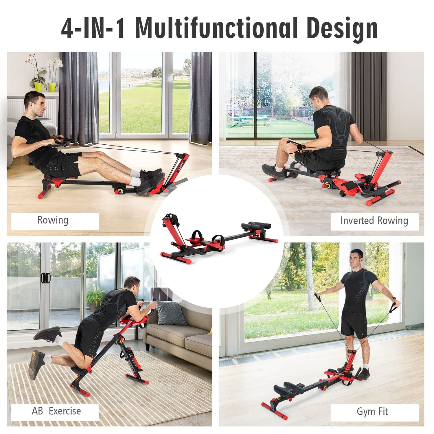 GYMAX 4 in 1 Rowing Machine, Adjustable Ab Machine with Resistance Bands