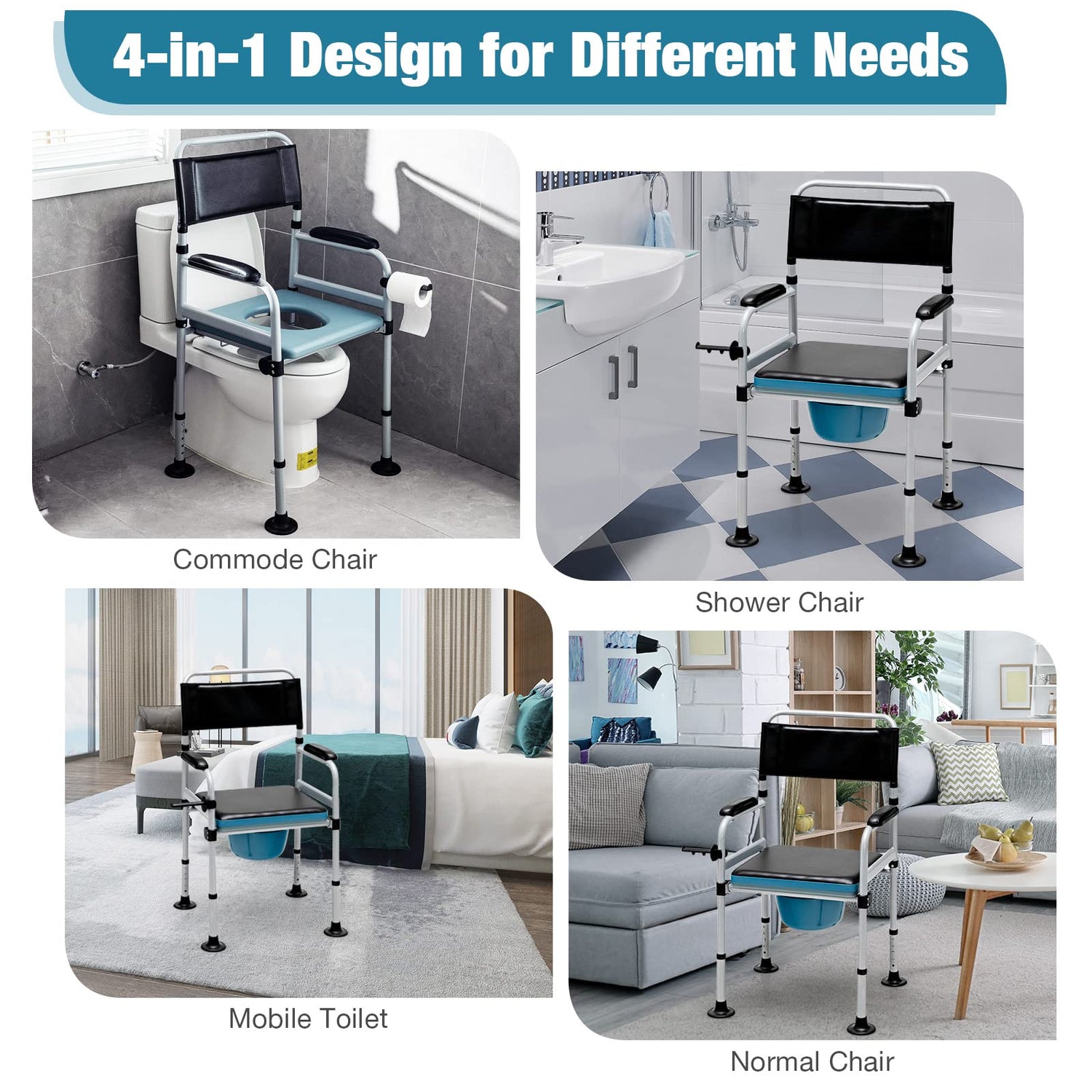GYMAX Folding Bedside Commode, 440lbs Commode Chair for Toilet with Arms, Padded Seat, Removable Bucket & Toilet Paper Holder