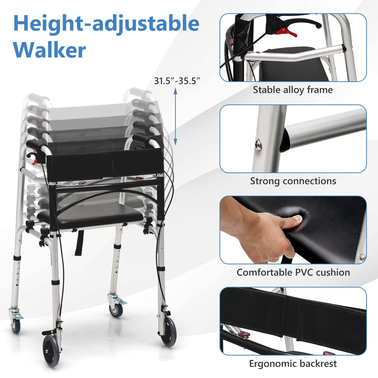 GYMAX Walkers for Seniors, 2-Button Folding Walker with 5 Inches Lockable Wheels, Padded Seat & Trigger Release