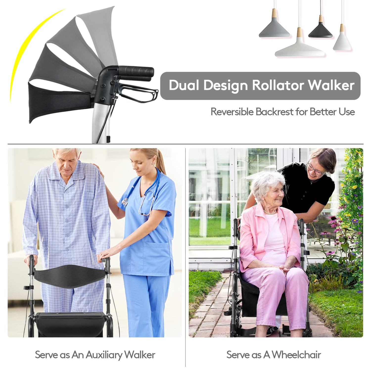 GYMAX 2 in 1 Foldable Rollator Walker, Height Adjustable 4 Wheel Transport Chair with Reversible Backrest