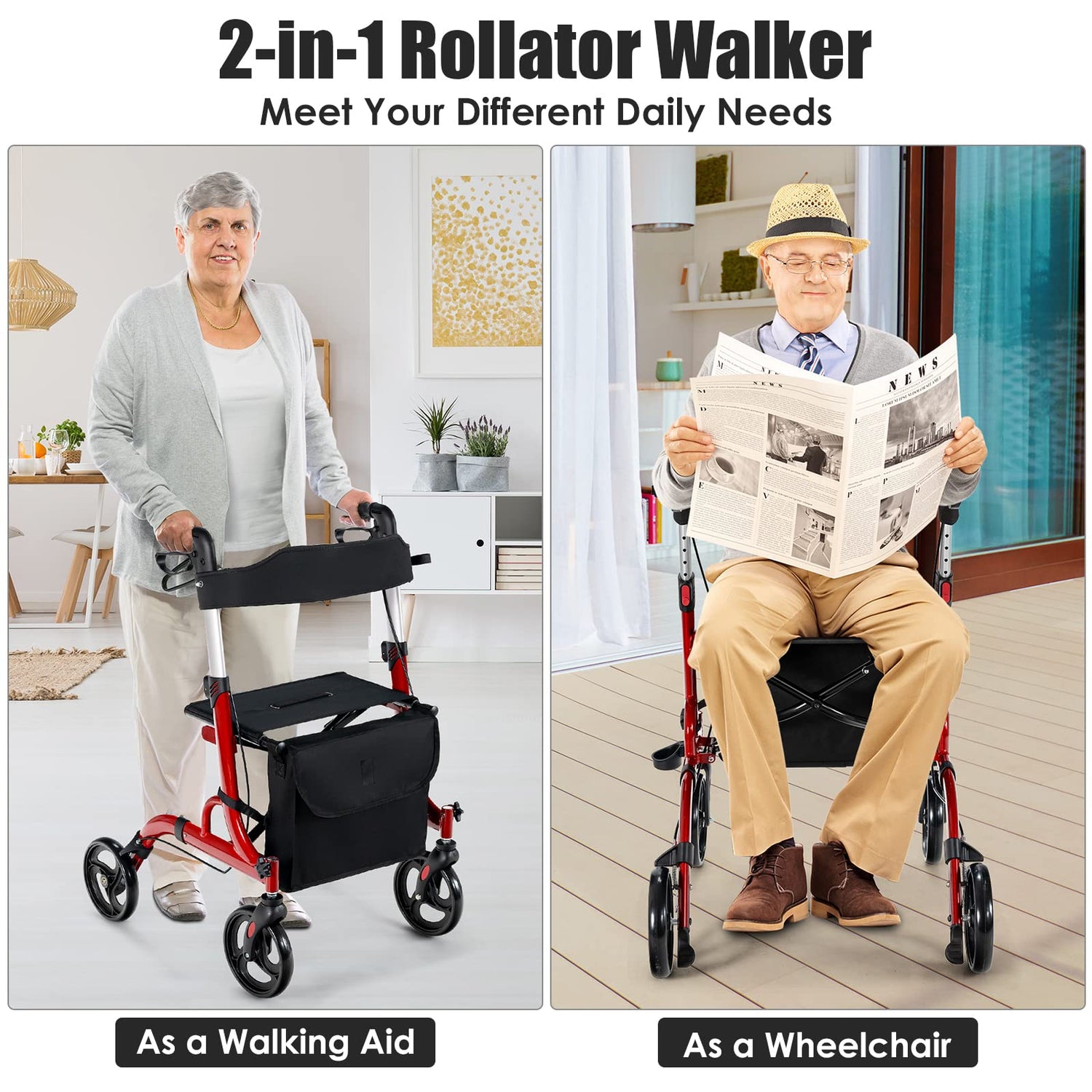 GYMAX 2-in-1 Aluminum Rollator Walker with Seat, Mobility Walking Aid w/ 8 Inch Wheels, Height Adjustable Handles, Dual Brake System, Reversible Backrest