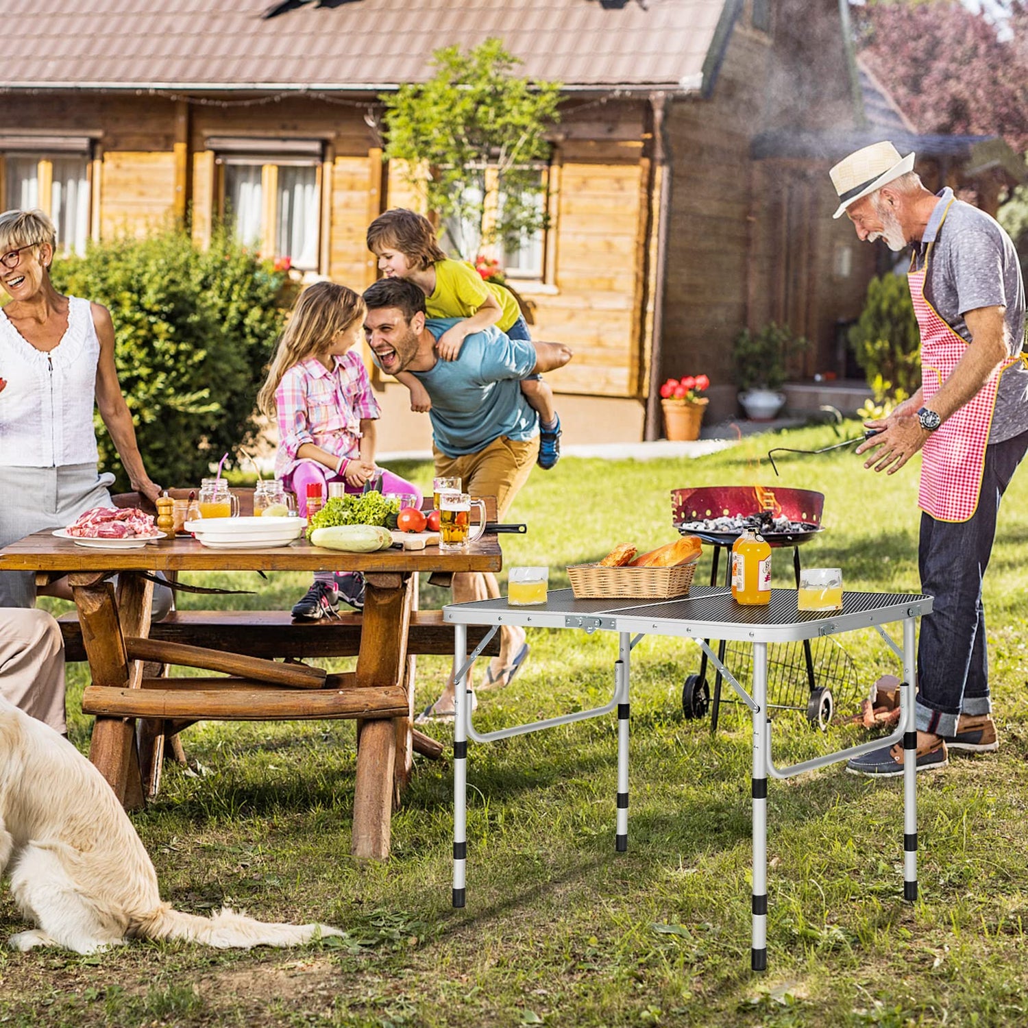GYMAX Aluminum Folding Camping Table, Adjustable Grill Table Portable Metal Grill Stand for BBQ