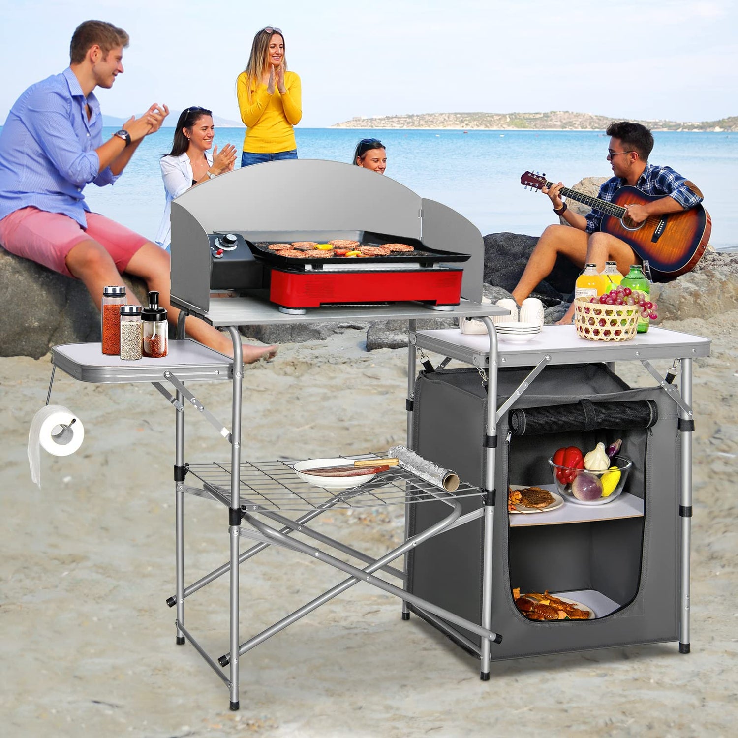GYMAX Aluminum Portable Camping Kitchen, Folding Cooking Table with 26" Tabletop, Detachable Windscreen & Carrying Bag