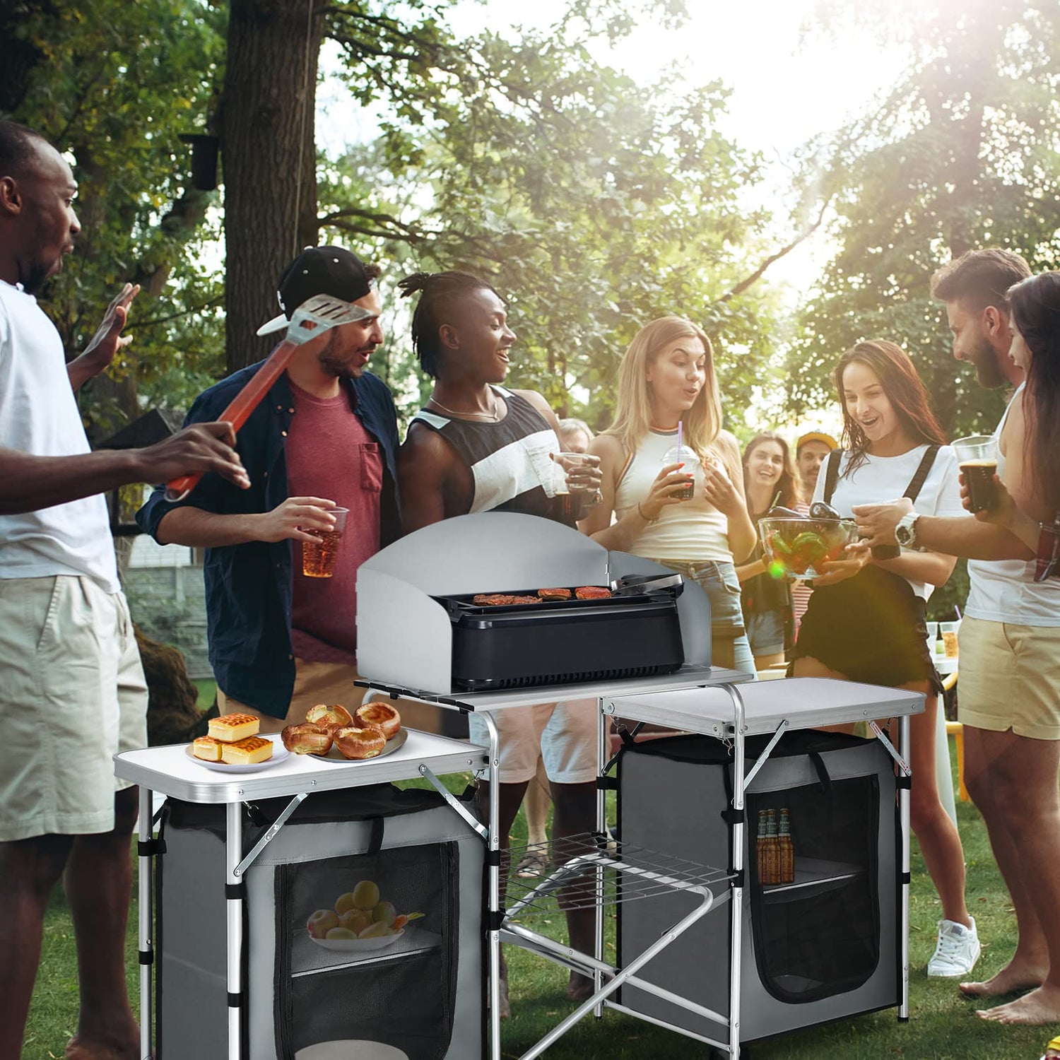GYMAX Folding Camping Table, Portable Kitchen Table with 2 Zipper Organizer Shelf & Wind Screen