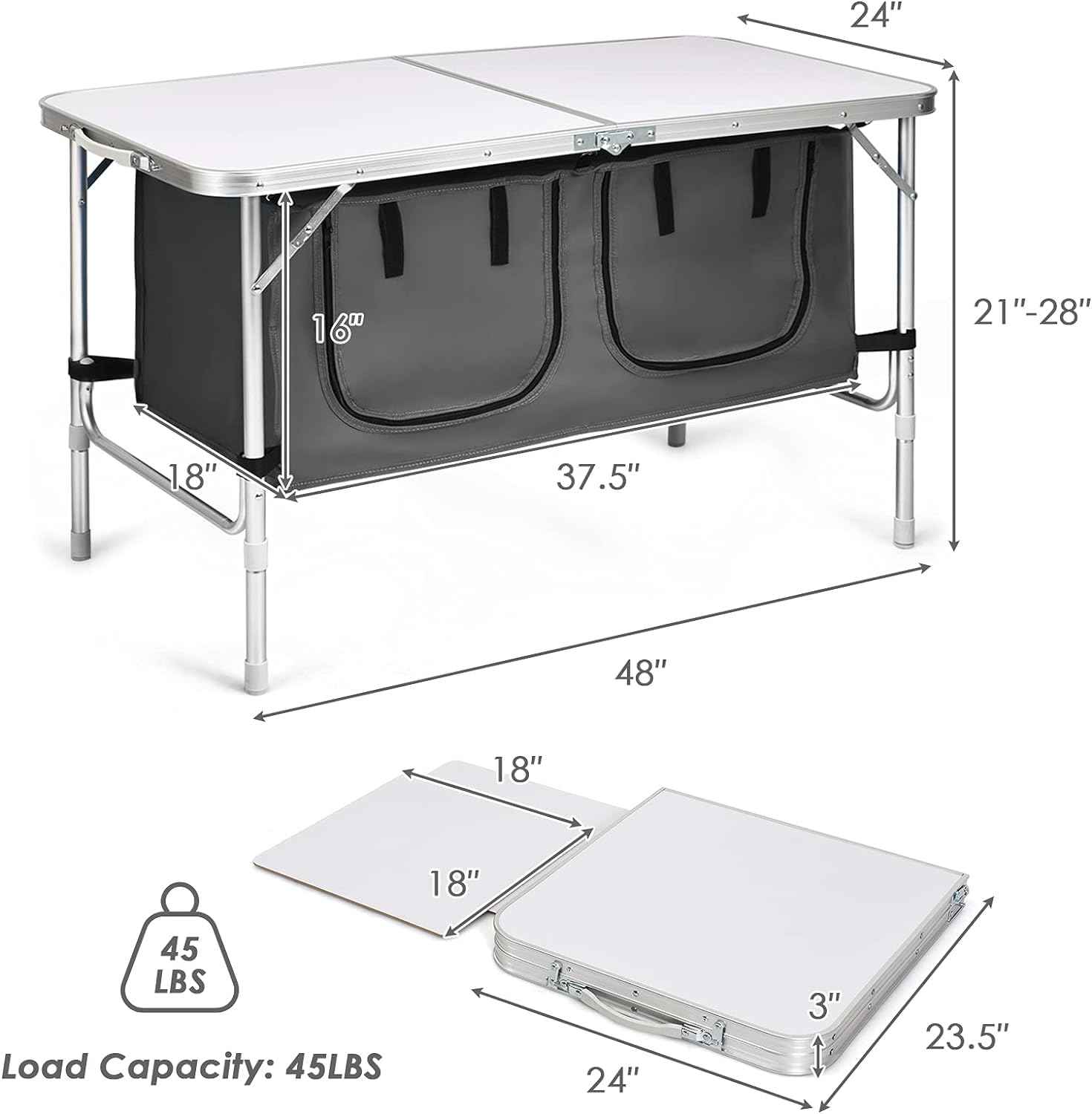 GYMAX Folding Camping Table with Storage, Portable Aluminum Folding Table Height Adjustable