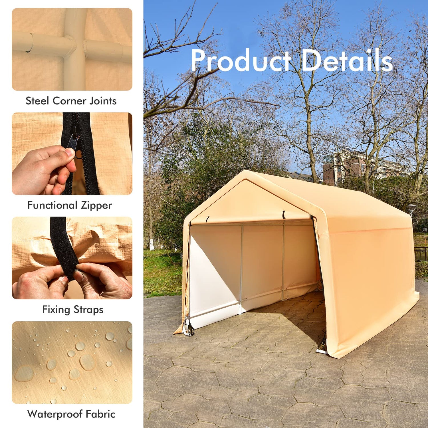 GYMAX Carport, Portable Garage with Roll Up Removable Doors, All Season Car Canopy for Truck