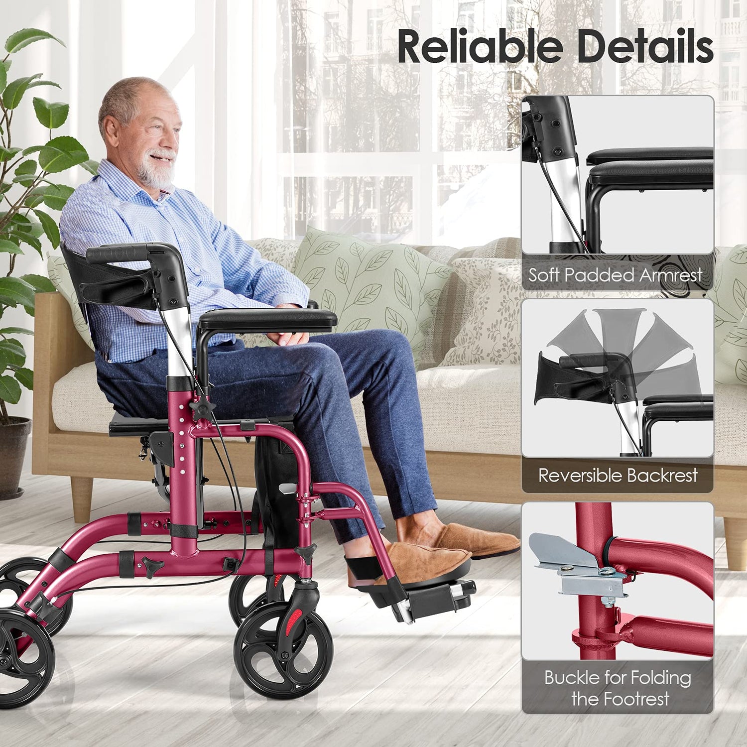 GYMAX 2 in 1 Folding Rollator Walker, 4-Wheel Aluminum Walker with Reversible Backrest