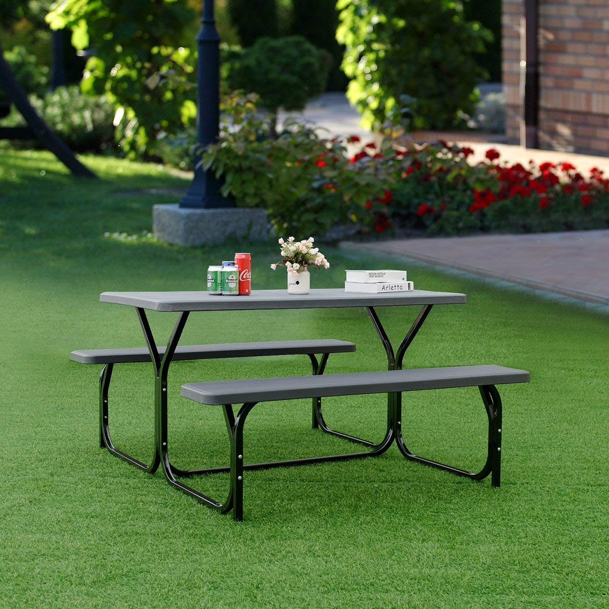 GYMAX Picnic Table, Picnic Bench Easy to Assemble w/All Weather