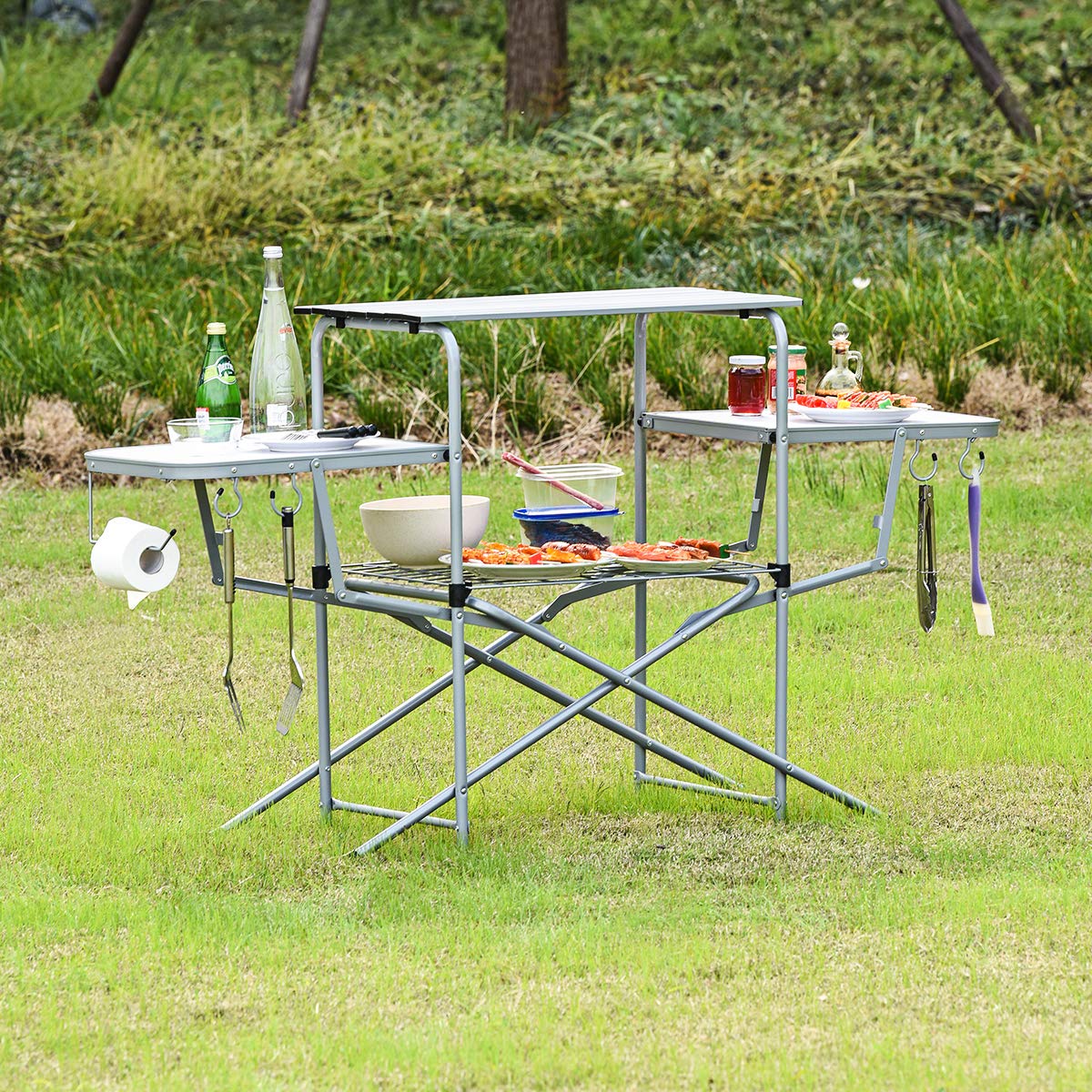 GYMAX Aluminum Folding Camping Table, Outdoor Grill Table with Side Table, Hooks & Carry Bag