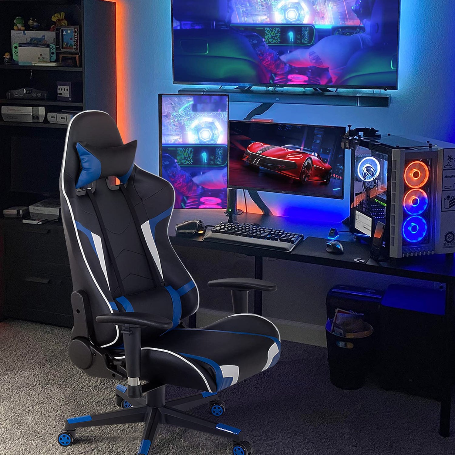 GYMAX Gaming Chair, Massage Gaming Chairs for Adults with Headrest, Lumbar Support & Armrest