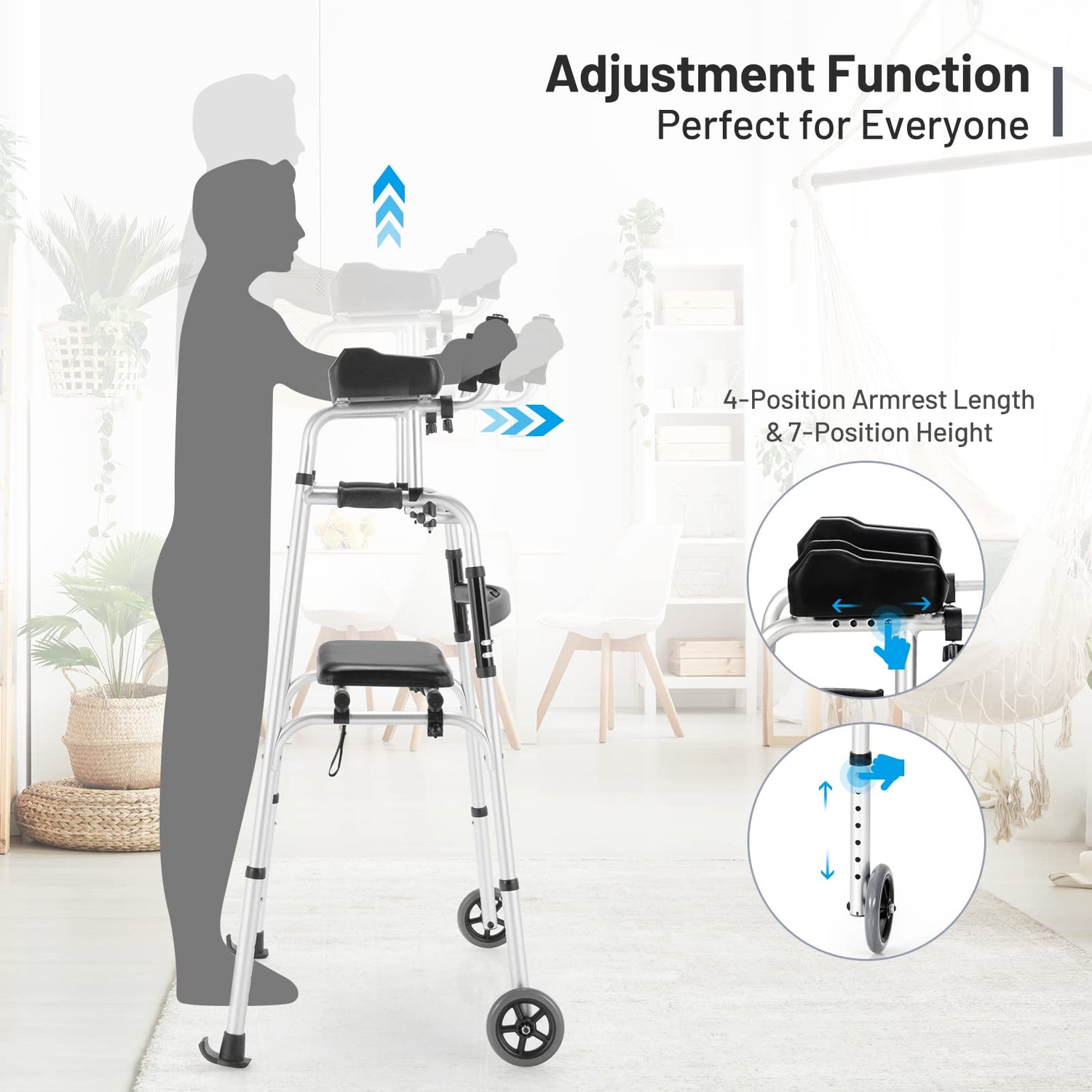 GYMAX Folding Walker, Adjustable Standard Walker with Removable Armrest, Seat, Wheeled Rolling Rehabilitation Auxiliary Walking Aid for Senior