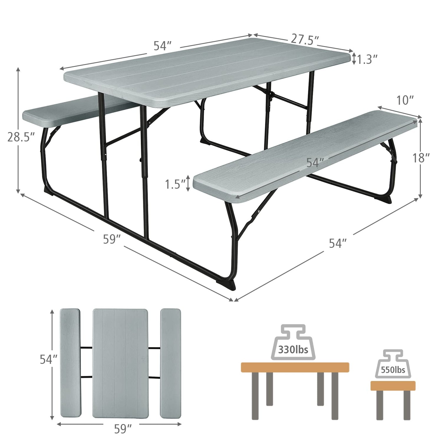 GYMAX Picnic Table, 550 LBS Folding Picnic Tables with Benches & Seats, Weather-Resistant Easy Setup Portable Picnic Table