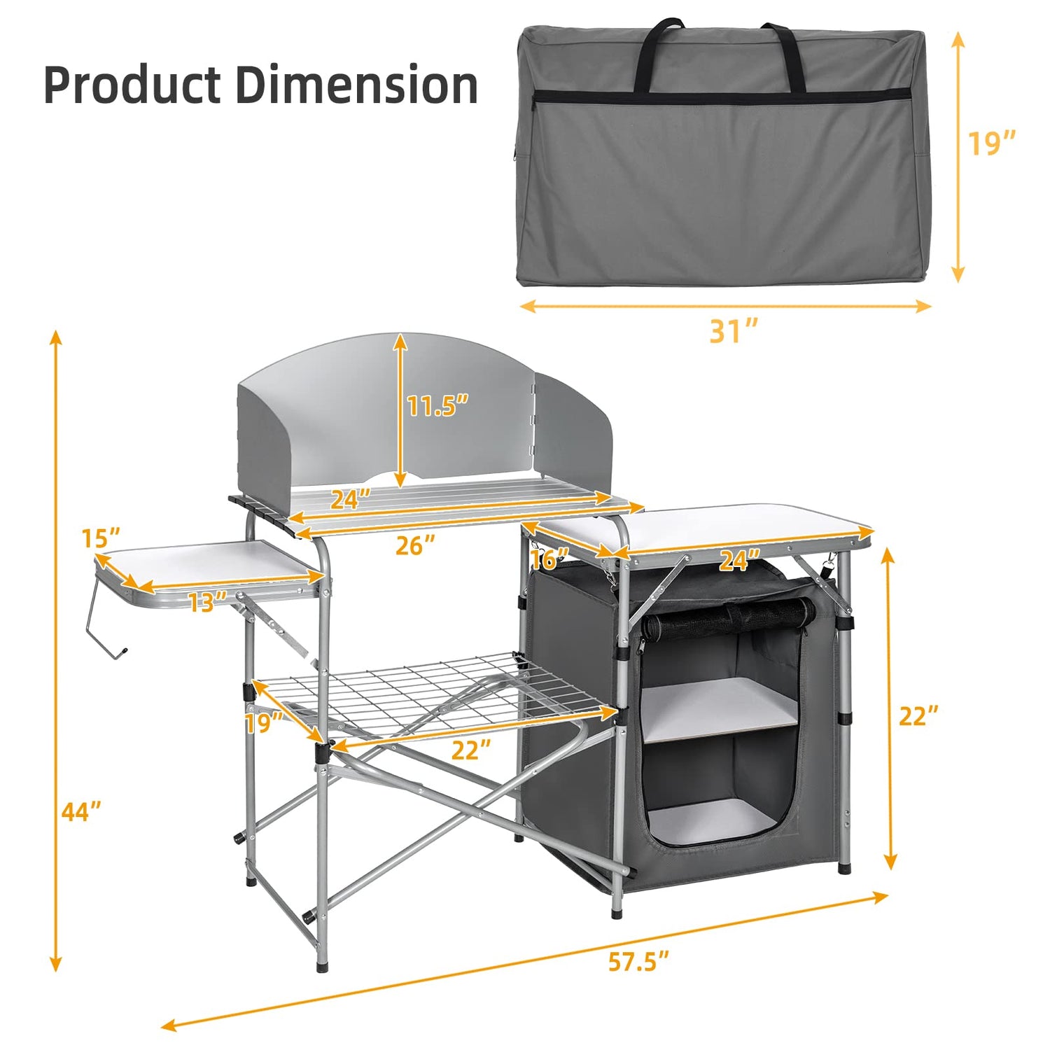 GYMAX Aluminum Portable Camping Kitchen, Folding Cooking Table with 26" Tabletop, Detachable Windscreen & Carrying Bag