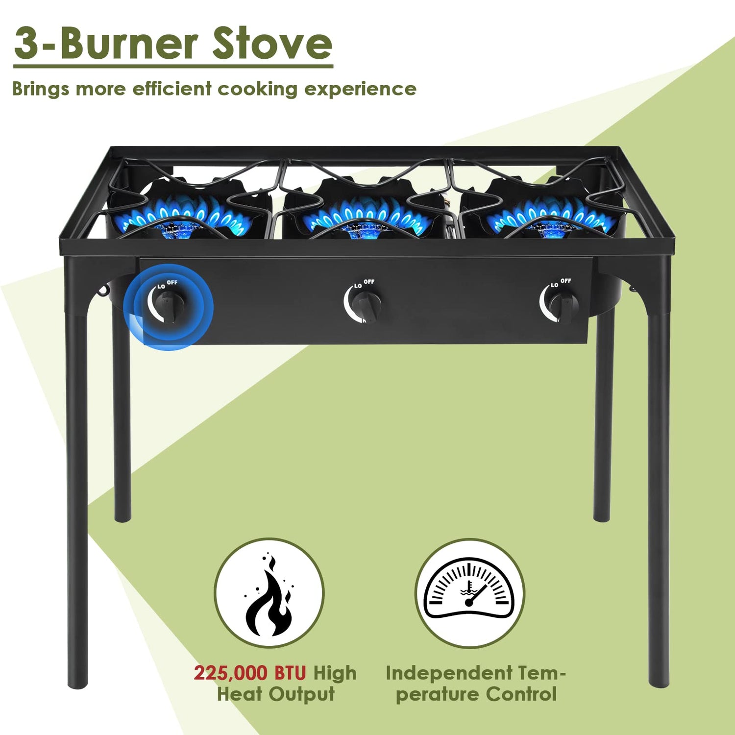 GYMAX Camping Stove, 3 Burner Propane Camp Stove w/Detachable Legs, 225,000-BTU Output