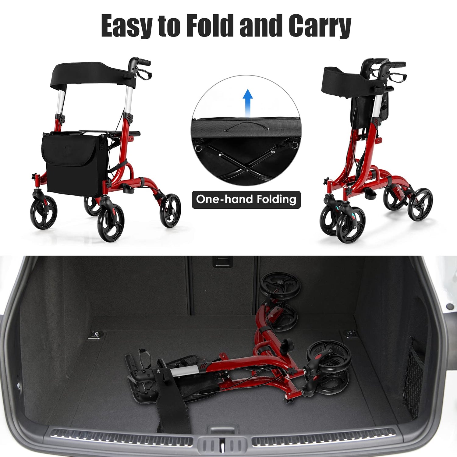 GYMAX 2-in-1 Aluminum Rollator Walker with Seat, Mobility Walking Aid w/ 8 Inch Wheels, Height Adjustable Handles, Dual Brake System, Reversible Backrest