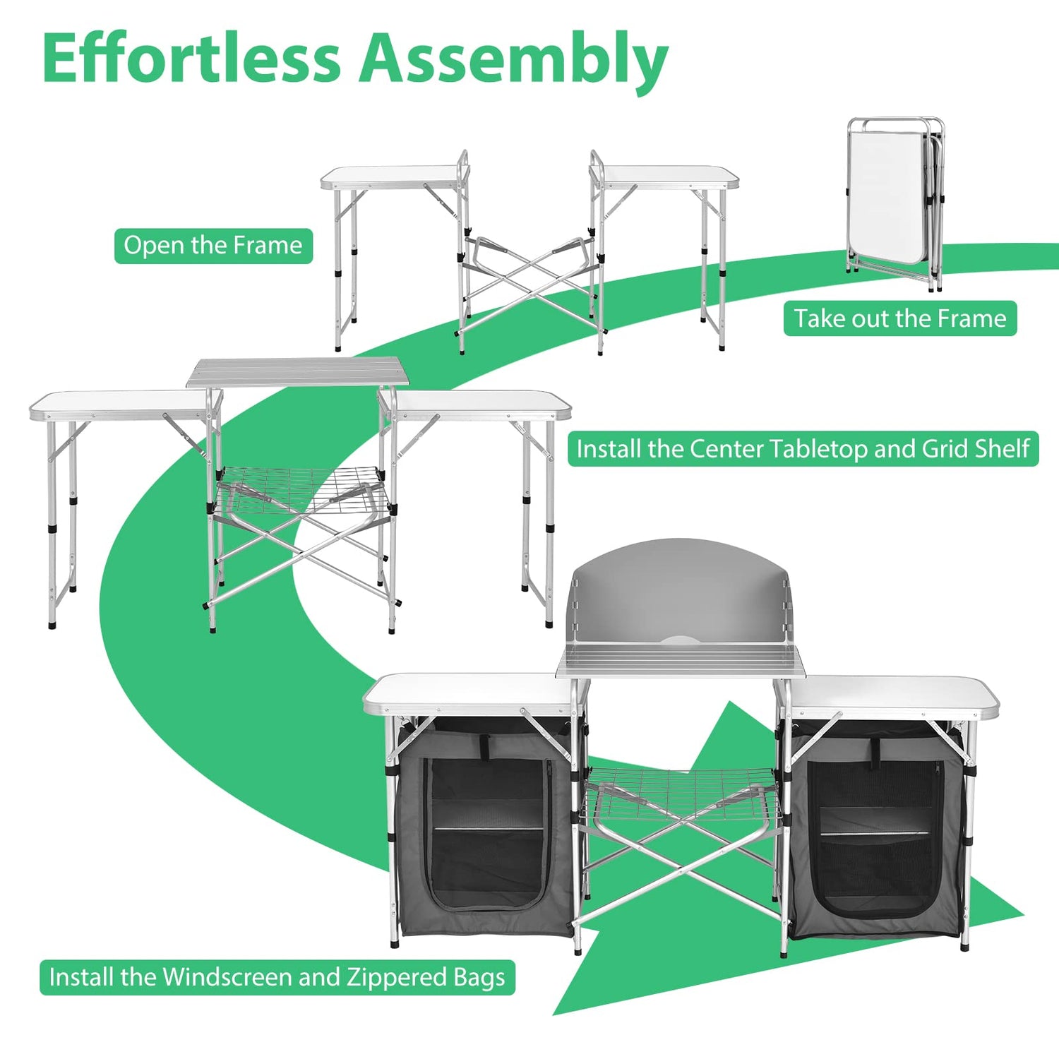 GYMAX Folding Camping Table, Portable Kitchen Table with 2 Zipper Organizer Shelf & Wind Screen